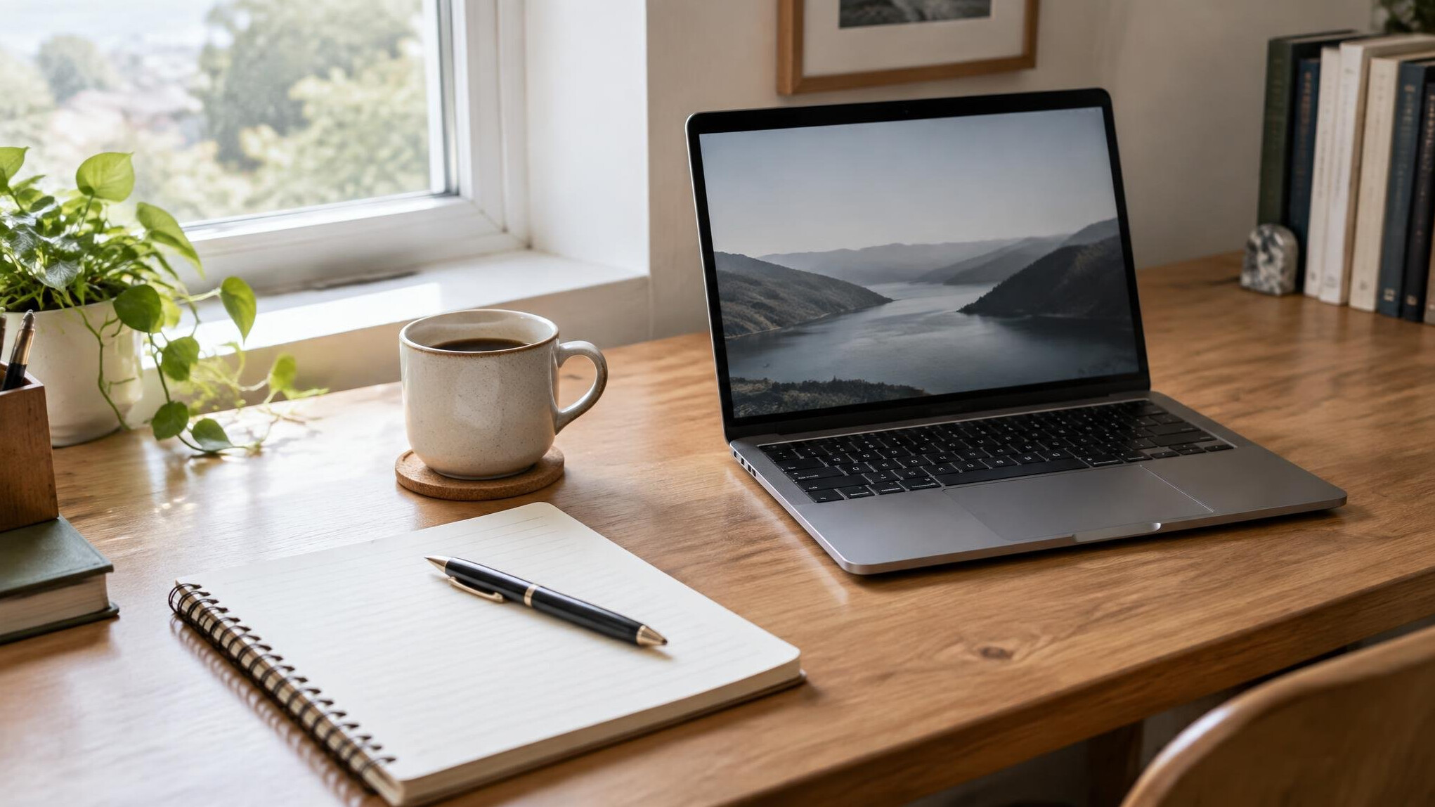 Journalist's desk with laptop, notebook and coffee cup