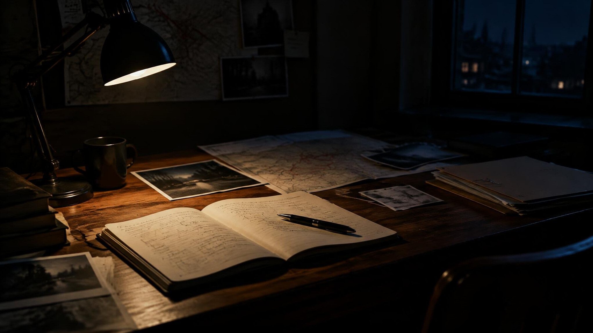 Dimly lit desk with papers and a lamp at night