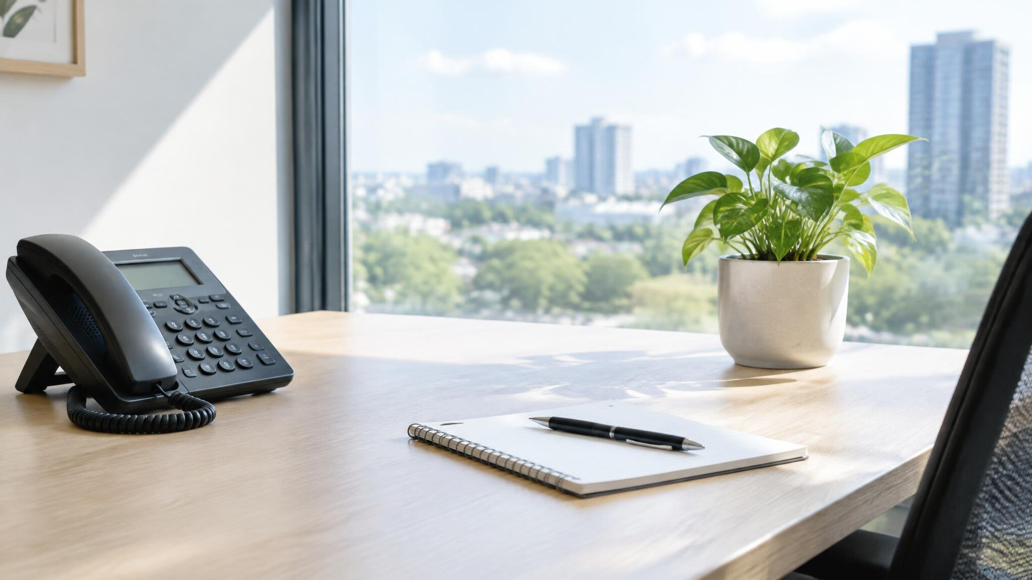 Bright office desk with phone and notepad near a window