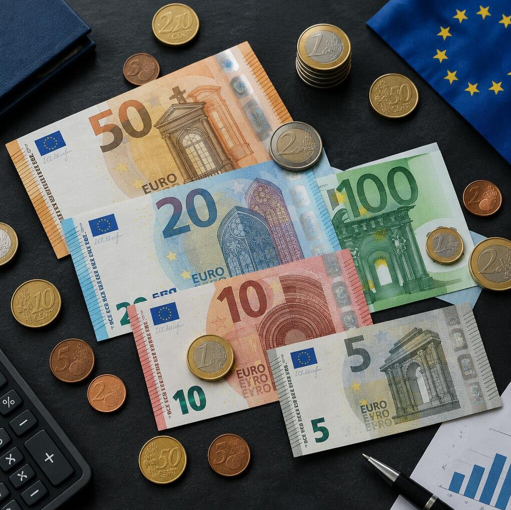 Euro banknotes and coins spread on a flat surface