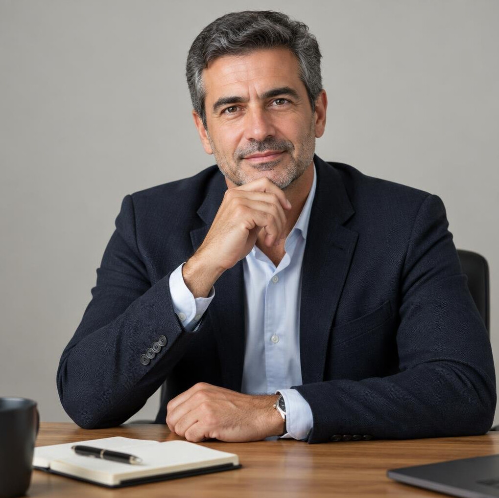 Portuguese male journalist in his 40s sitting at a desk with a notebook